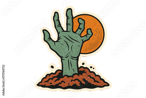Halftone zombie monster hand rising from grave. Spooky undead arm from ground. Happy Halloween holiday retro collage sticker concept. Vector illustration in mixed media style.