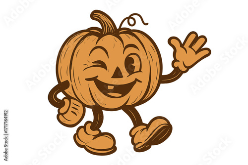 Halloween Thanksgiving pumpkin vintage groovy character winking. Retro mascot contour hand drawn vector illustration. Cartoon character smiling and waving happily. Fun fall design.