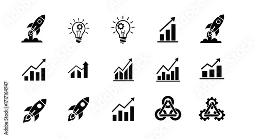 Vector Icons Set of Business startup growth and innovation black icon set. EPS Editable