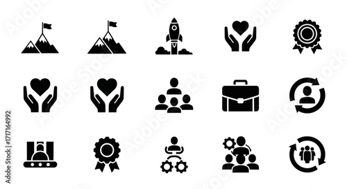 Vector Icons Set of Business Success and Teamwork Solid Glyph Icon Collection. EPS Editable
