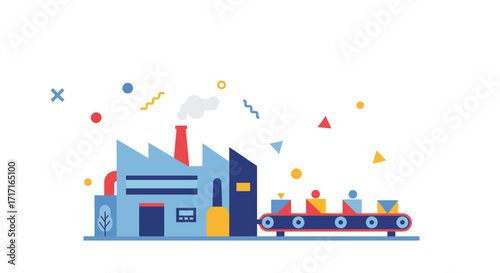 Stylized illustration of an industrial factory with a conveyor belt system