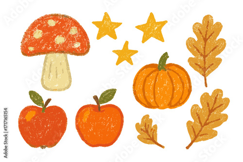 Autumn elements set with crayon scribble texture. Hand drawn fall clipart with mushroom, stars, apples, pumpkin, oak leaves. Childish vector illustration for seasonal design.