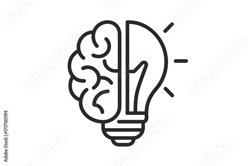 Creative idea icon with half brain and half lightbulb. Represents knowledge, innovation, and problem solving. Metaphor for human mind, intelligence, and inspiration.