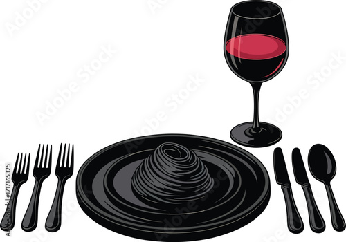 Black table setting with wine and german text