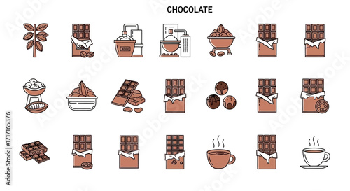 Vector Icons Set of Chocolate and Cacao Production Process Icon Set Vector Illustration. EPS Editable