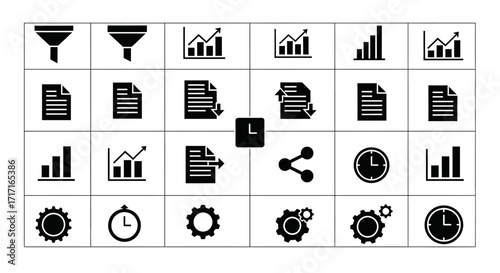 Vector Icons Set of Collection of black solid glyph icons for business data analysis and project management. EPS Editable