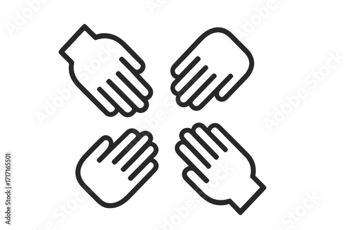Four hands together icon for collaboration, teamwork, and unity. Graphic symbol of partnership, community support, and cooperation. People meeting concept vector logo design.