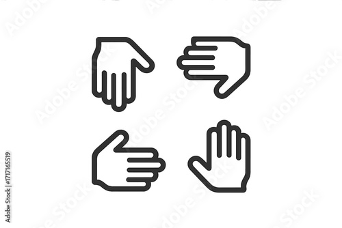 Four hands icon vector logo. Concept for collaboration, working together, teamwork, partnership, unity. Graphic element for community, support, meeting, connection, help.