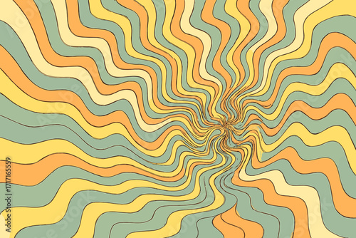Op-art acidic retro groovy background with distorted texture in vintage pastel colors. 70s vector concept of hallucinations and visions. Psychedelic hypnotic wavy lines.