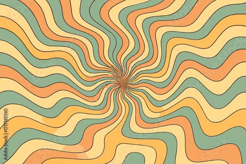 Op-art acidic retro groovy background with distorted texture. 70s vector in vintage pastel colors. Concept of hallucinations, visions, psychedelic swirl, hypnotic vortex.