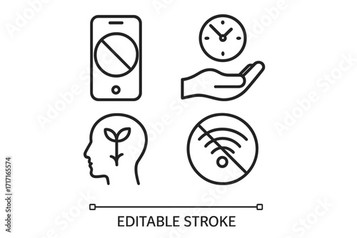 Digital detox vector icon set. Unplugging, phone disconnection, no wifi. Screen time limit, mindful technology pause. Mental health, psychology, personal growth concept symbol.
