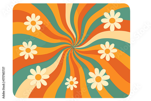 Groovy background with wavy rays and daisy flowers. Swirl sunburst rays backdrop in 70s hippie retro style. Psychedelic vintage floral pattern. Vector cartoon illustration.