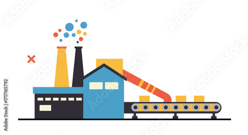 Industrial factory with smokestacks emitting pollution and a conveyor belt