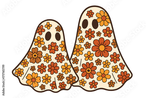 Groovy ghosts in retro 70s flower power style. Hippie Halloween concept with floral pattern. The Boo Crew family. Spooky cute greeting card, poster, or holiday print design.