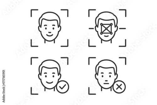 Facial recognition icon set for biometric security. Thin line icons for face scanning, detection, user identification, and verification status like access granted or denied.