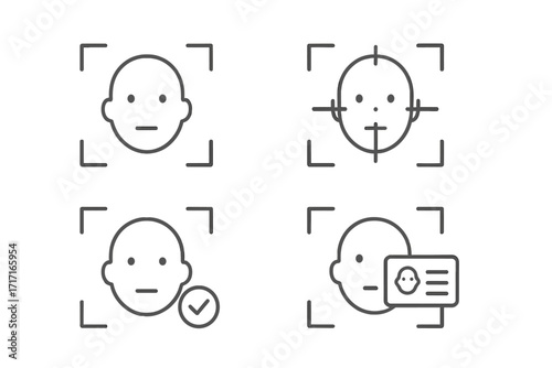 Facial recognition icon set for biometric security. Thin line vector icons for face scanning, identity verification, detection, and authentication. ID access control concepts.
