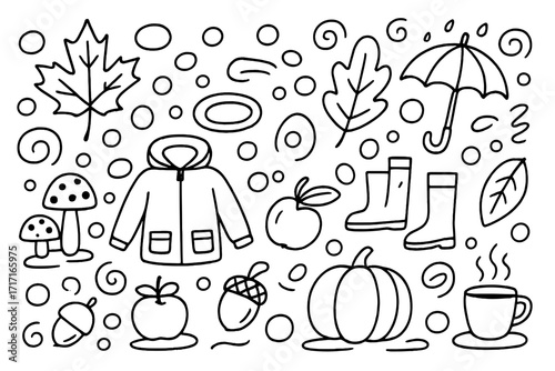 Hand drawn autumn doodle set. Cute fall season outline icons. Childish vector illustration with pumpkin, leaf, acorn, mushroom, boots, jacket, umbrella. Coloring book page.