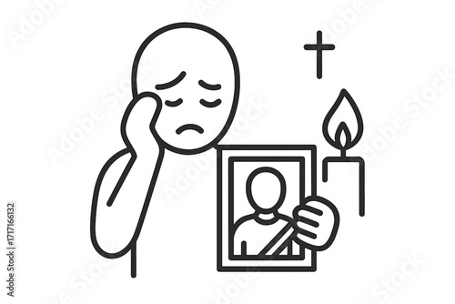 Grief and loss line icon. Sad person mourning, holding a photo of a loved one. Concept for death, funeral, emotional pain, bereavement, sorrow, and remembrance with candle and cross.