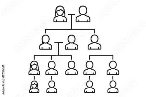 Family tree icon. Genealogical chart with human figures. Vector for genealogy, family history, ancestry, and heritage. Lineage structure with connected people pictograms.