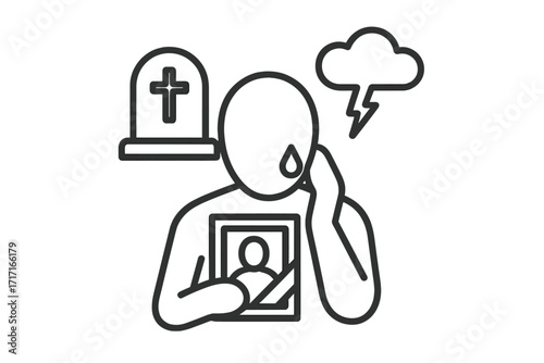 Grief and loss icon. Sadness, sorrow, emotional pain. Mourning person crying, holding photo of loved one. Remembrance, memory. Death, funeral, gravestone. Depression concept.
