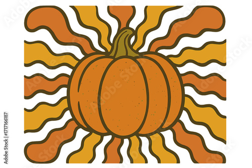 Groovy autumn pumpkin season greeting card. Hand drawn cute fall vegetable with wavy rays. Trendy hippie nostalgic 70s design. Psychedelic Thanksgiving retro vector print.