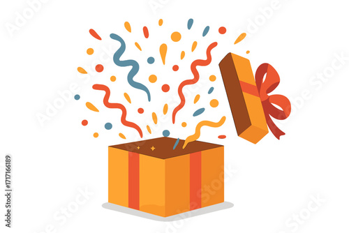 Gift box exploding with confetti vector illustration. Giveaway, enter to win contest concept. Surprise prize and rewards banner for winner announcement and promotion celebration.