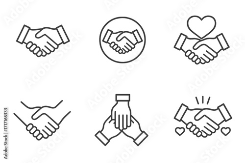 Handshake line icon set for collaboration, support, and agreement. Vector symbols of teamwork, partnership, unity, empathy, and mutual help. Editable stroke signs for a deal.