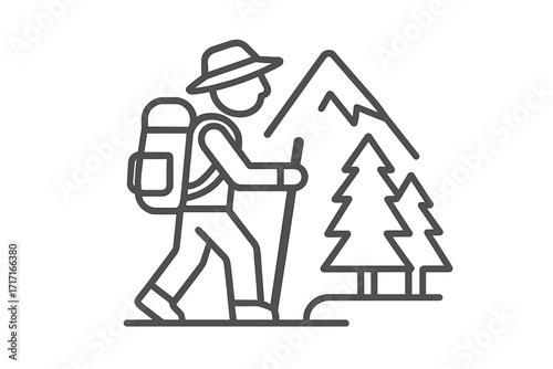 Hiking adventure icon. Thin line outdoor mountain trekking. Person walking in forest with hat, backpack and hiking stick. Nature travel journey explorer line art illustration.