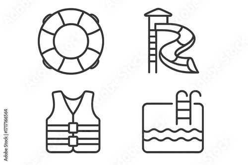 Water park and swimming pool safety linear icons set. Vector line art of lifebuoy, water slide, life jacket, and pool. Summer vacation and recreation concept symbols.