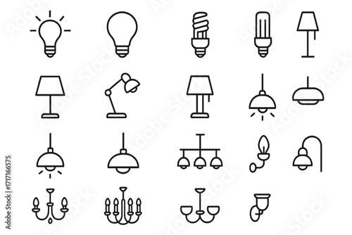Lighting icons set. Light bulb, lamp, chandelier. Thin line art. Editable stroke. Vector interior design symbol. Electricity pictogram. Home decor fixture collection for web.