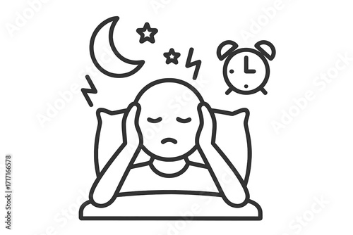 Insomnia and sleep disorder vector icon. Person in bed with headache and anxiety. Concept for sleeplessness, stress, depression, fatigue, and mental health problems. Line art.