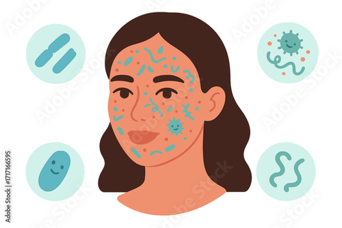 Skin microbiome vector. Female face microbiota with healthy probiotic bacteria. Dermatology, cosmetology science concept. Healthy skin flora, germs, microbes, microbial balance.