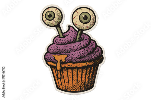 Halloween monster cupcake with creepy eyeballs. Spooky dessert vector illustration. Vintage 90s horror cartoon sticker style. Halftone paper texture food graphic art.