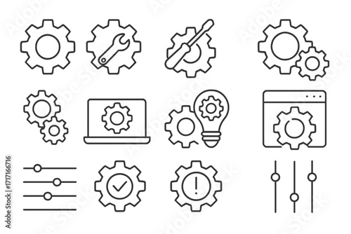 Settings and options thin line icon set. Gear and cog mechanism symbols for setup, configuration, and user preferences. Editable stroke vector for UI, web, and app interface.