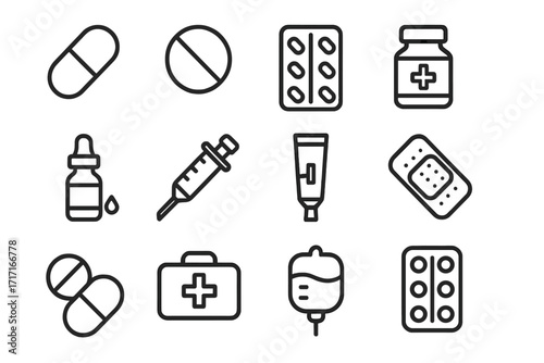 Medical and treatment line icon set with pills, capsules, syringes, medicine bottle, IV drip, bandages, first aid kit, cream tube, and dropper for healthcare design and apps