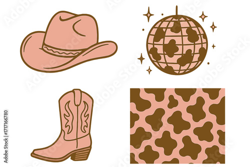 Cowgirl western retro set. Pink cowboy hat, boot, vintage disco ball with cow print pattern. Wild west theme icons for girly fashion. Bachelorette party vector sticker pack.