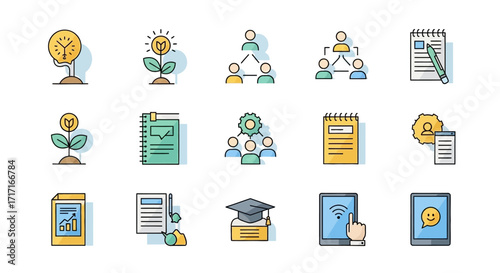 Vector Icons Set of Colorful Line Art Icons for Business Growth Technology and Elearning Concepts. EPS Editable