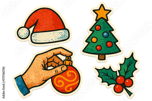 Merry Christmas collage paper sticker set with hand holding red bauble, Santa hat, decorated Christmas tree with star, holly leaves and berries, colorful halftone vector cartoon illustration
