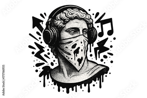 Urban streetwear tee print design of antique statue bust with dotted halftone effect, wearing headphones and bandana mask, music and graffiti style vector illustration for t-shirts and hoodies