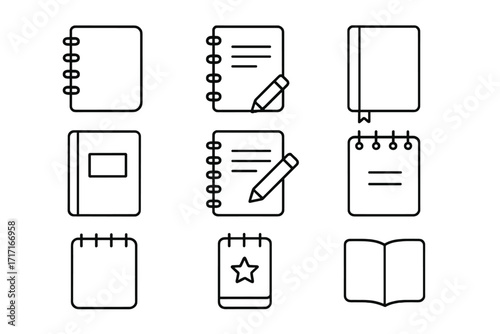 Notebook icon bundle set with thin editable stroke lines, vector cartoon illustrations perfect for websites, books, cards, apps, digital designs, stationery collection