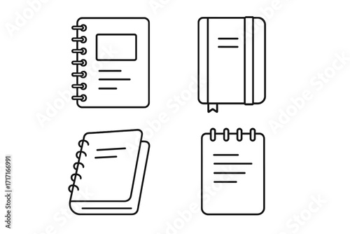 Notebook line icons set for websites, books, cards, apps, editable stroke vector illustration, cartoon style, office supplies, education, writing tools, note-taking