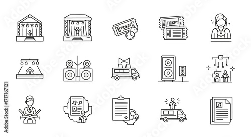 Vector Icons Set of Concert and Music Festival Line Icons Set for Live Events. EPS Editable