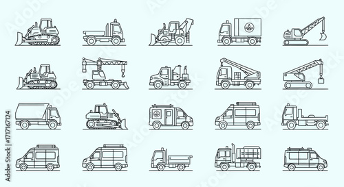 Vector Icons Set of Construction and Special Purpose Vehicles Line Icon Set. EPS Editable