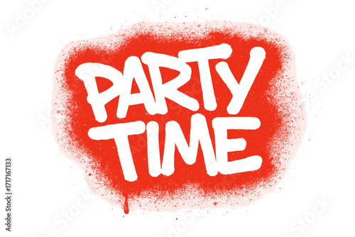 Party Time graffiti sprayed font design in white over red background, textured urban street art style for printing, posters, stickers, backgrounds, vibrant celebration text vector