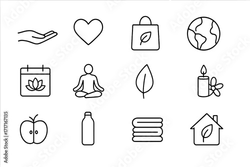 Mindful living & sustainability thin line icon set. Wellness, slow lifestyle, holistic wellbeing outline vectors. Eco friendly, self care, meditation, yoga, healthy food concept.