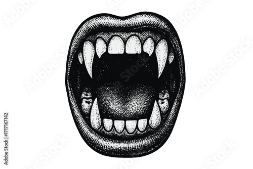 Open vampire mouth with sharp fangs. Spooky Halloween monster illustration in vintage 90s grunge style. Halftone dotted texture. Horror punk rock vector graphic element.
