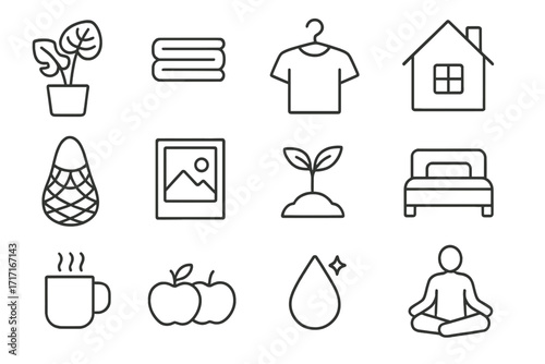 Minimalist lifestyle line icon set for simple living and a sustainable home. Vector symbols for wellbeing, decluttering, slow life, zen balance, and healthy habits.