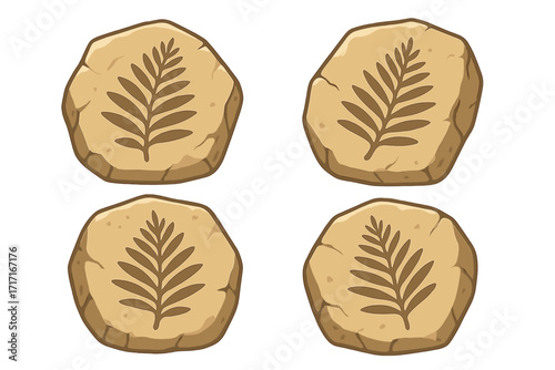 Prehistoric plant fossil on ancient stone, fern leaf imprint silhouette, paleontology science illustration, tropical jungle nature rock carving, vintage fossilized plant print