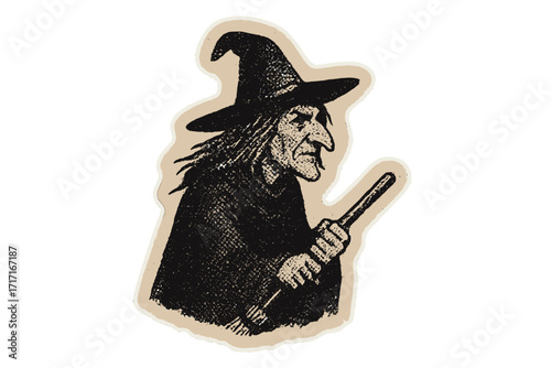 Halloween witch with hat and broomstick. Halftone mixed media collage paper sticker. Dotted vintage illustration in 90s zine style. Spooky hag character vector cartoon.