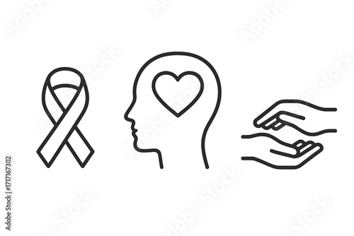 Mental health awareness vector icon set. Line illustration showing support ribbon, empathy, and psychological care. Human head with heart and helping hands for wellness.